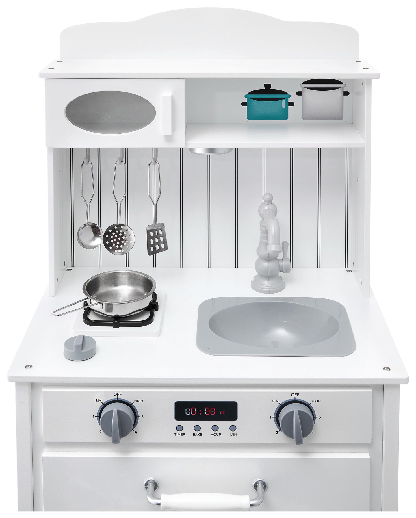 Cucina in legno bianco con grembiule, accessori e lampada LED