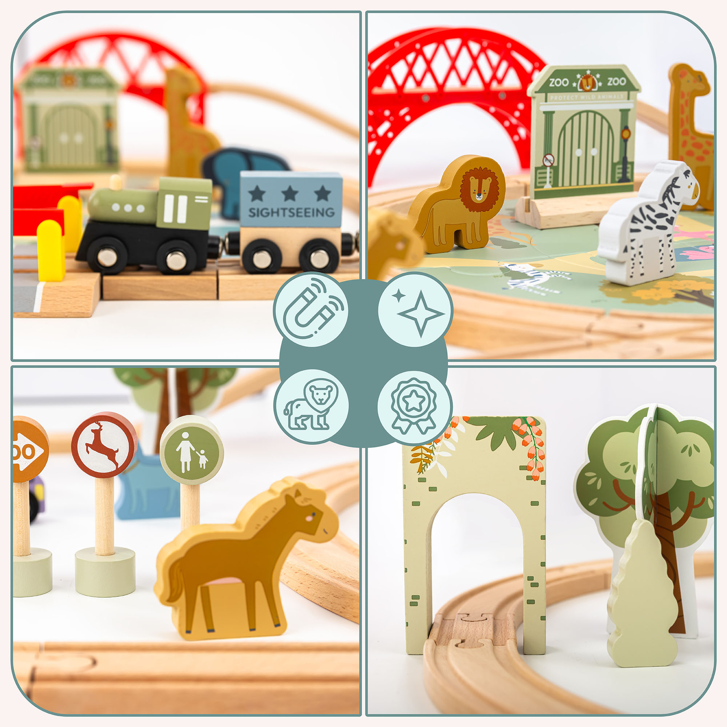 Treno ZOO in legno – puzzle, treno, binari, animali, ponte, barriera