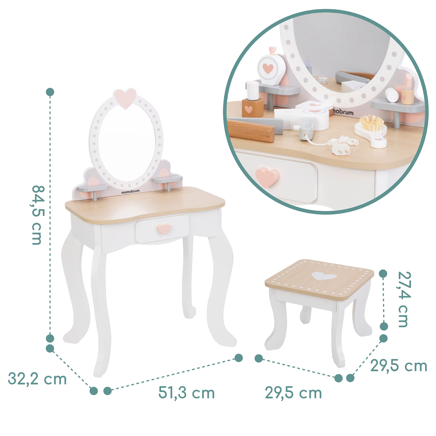 Tavolino da toilette in legno con sgabello e accessori