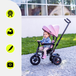 Triciclo per bambini 1-4 anni - TOBI FREY - colore rosa - girevole - ruote pompate + spintore