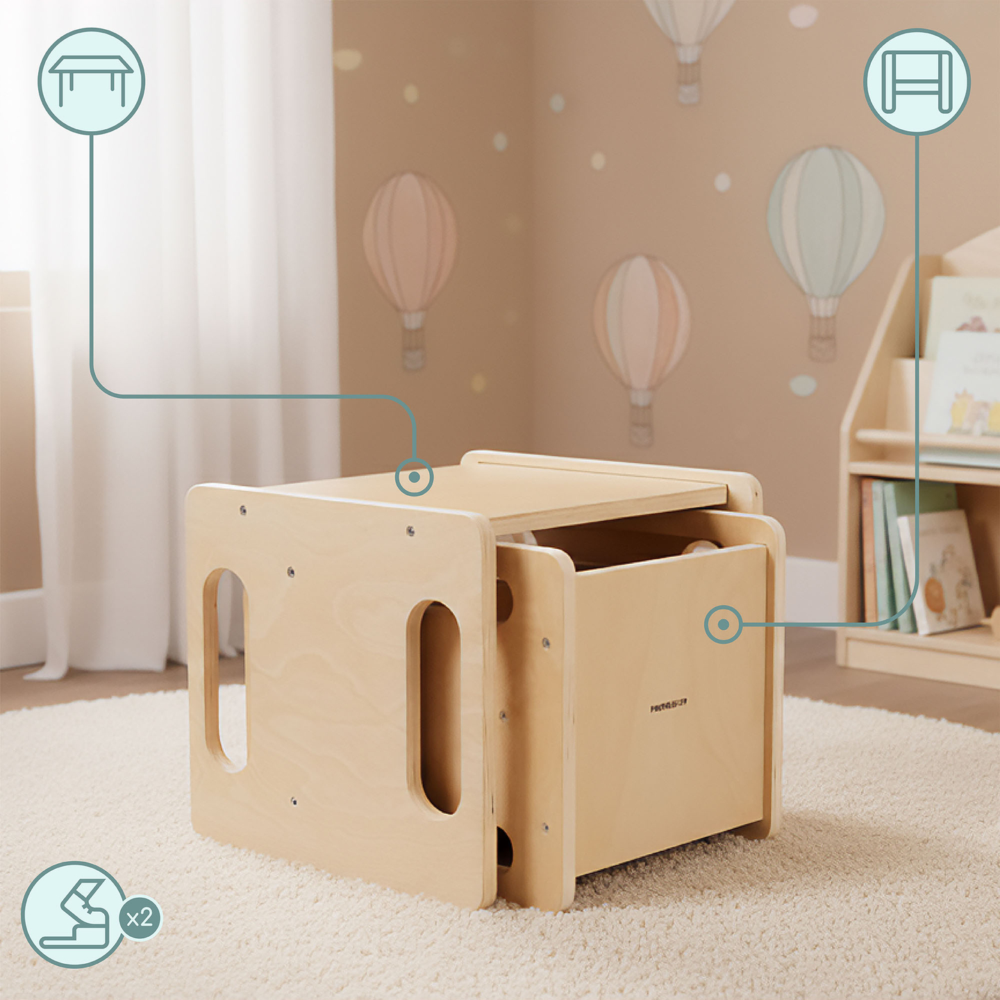 Tavolo e sedia in legno con funzione di gradino: un set Montessori multifunzionale per bambini