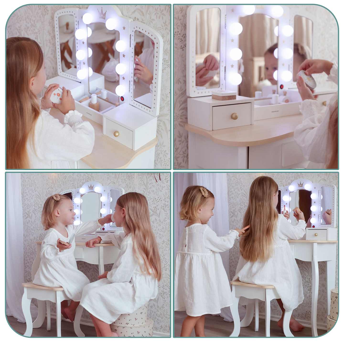 Tavolino da toilette XXL in legno con sgabello e illuminazione a LED per bambini + accessori