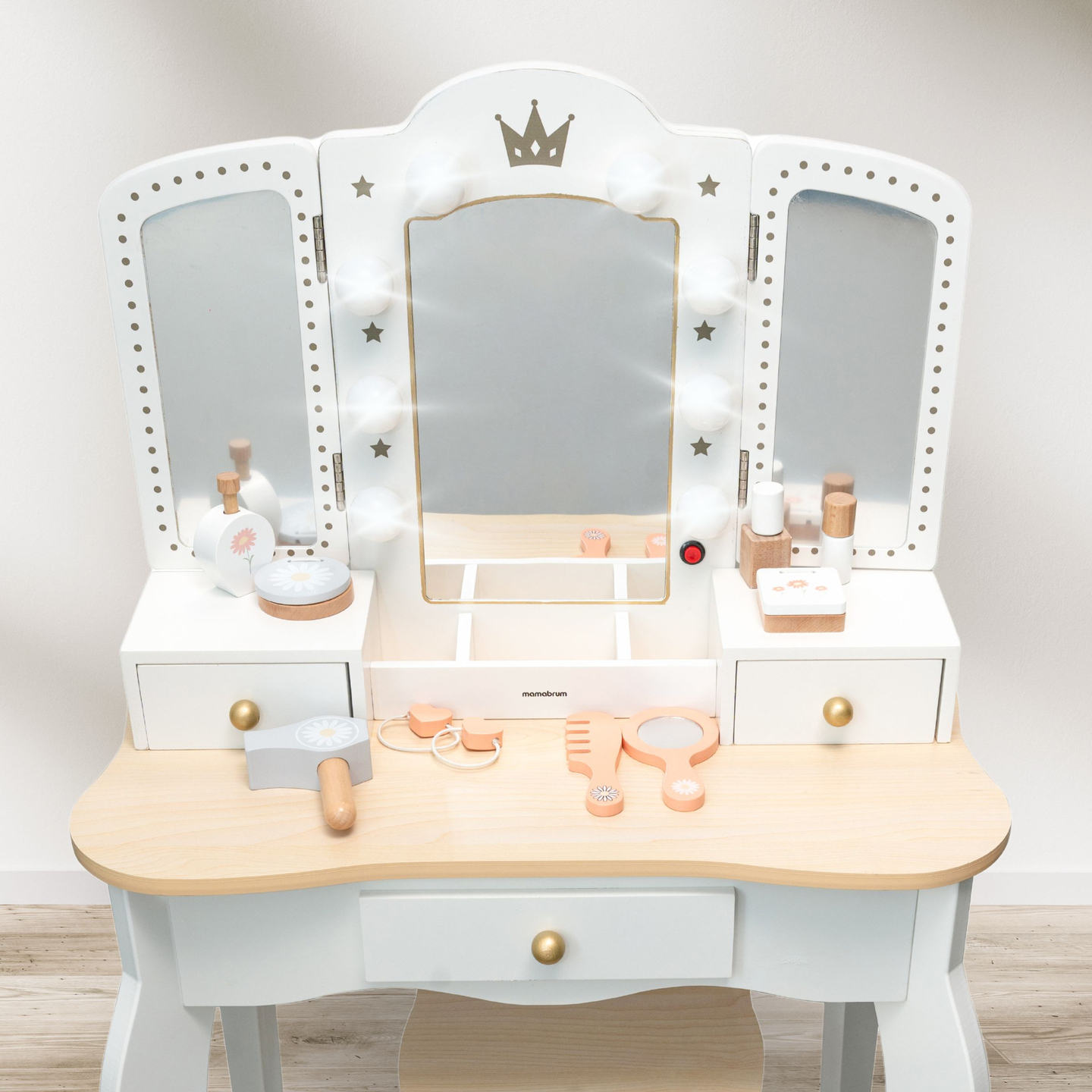 Tavolino da toilette XXL in legno con sgabello e illuminazione a LED per bambini + accessori