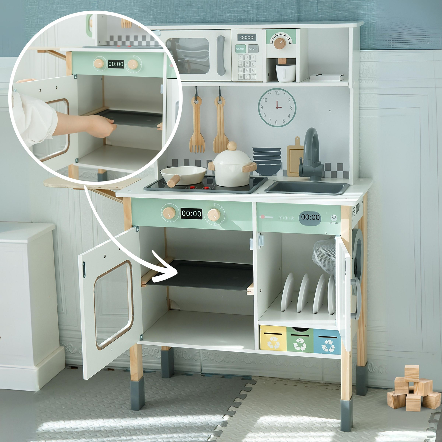 Cucina interattiva con lavatrice, lavastoviglie e lavagna