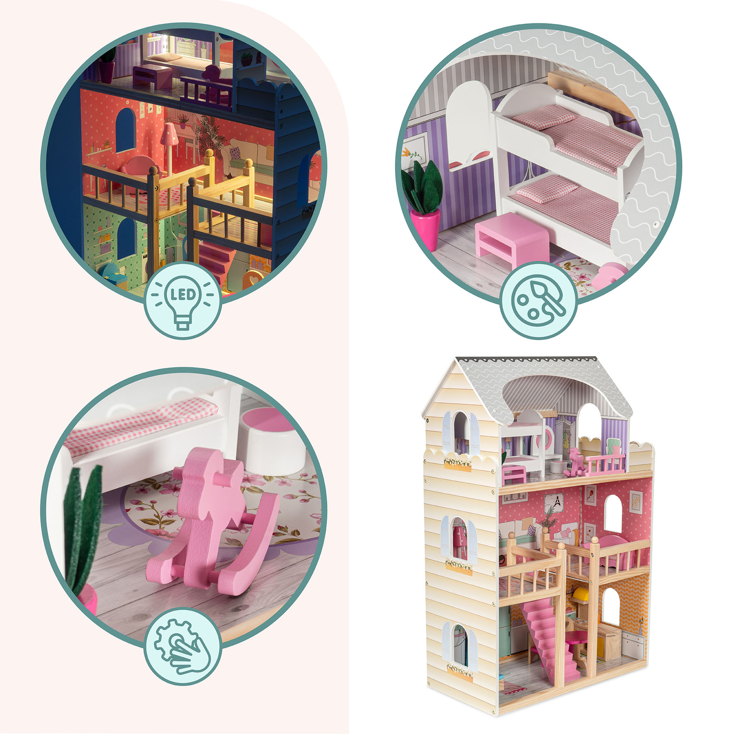 Grande casa delle bambole in legno a 3 piani con terrazza, set di mobili e illuminazione a LED!