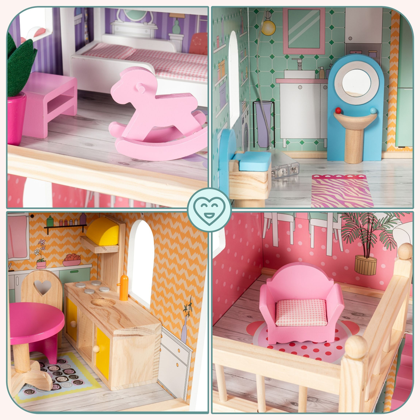 Grande casa delle bambole in legno a 3 piani con terrazza, set di mobili e illuminazione a LED!