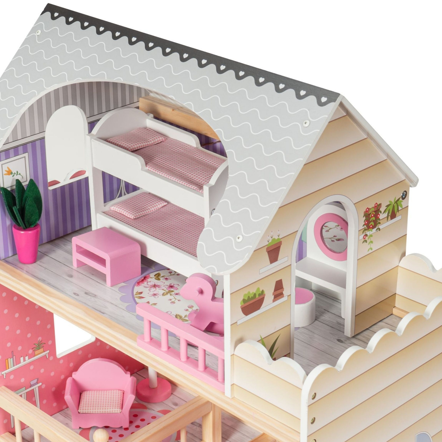 Grande casa delle bambole in legno a 3 piani con terrazza, set di mobili e illuminazione a LED!