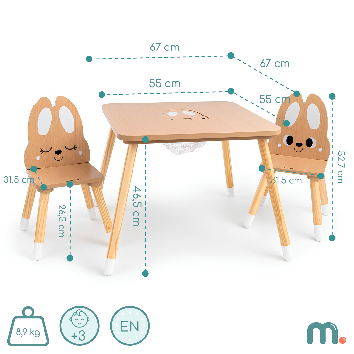 Tavolo in legno con contenitore e 2 sedie Set per bambini - Coniglio carino
