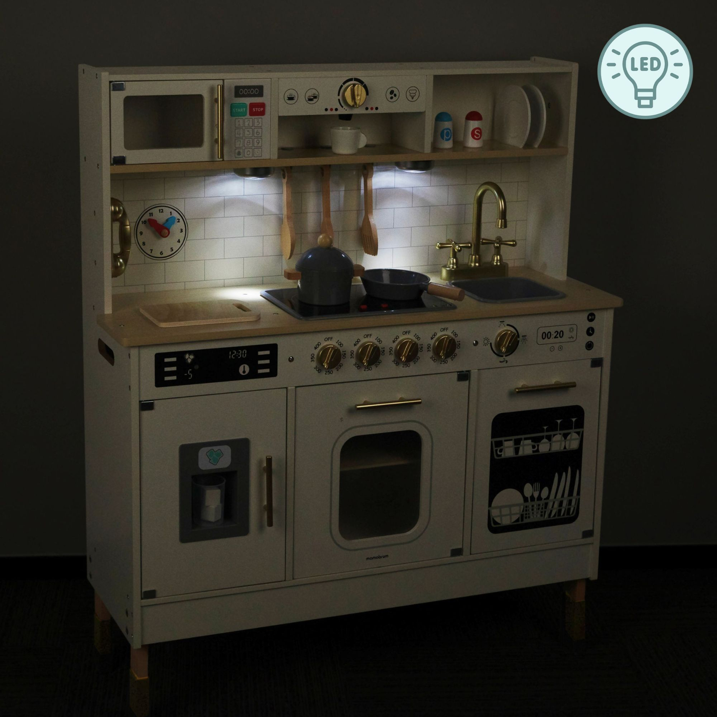 Cucina interattiva XXL in legno con accessori e illuminazione a LED - su due livelli