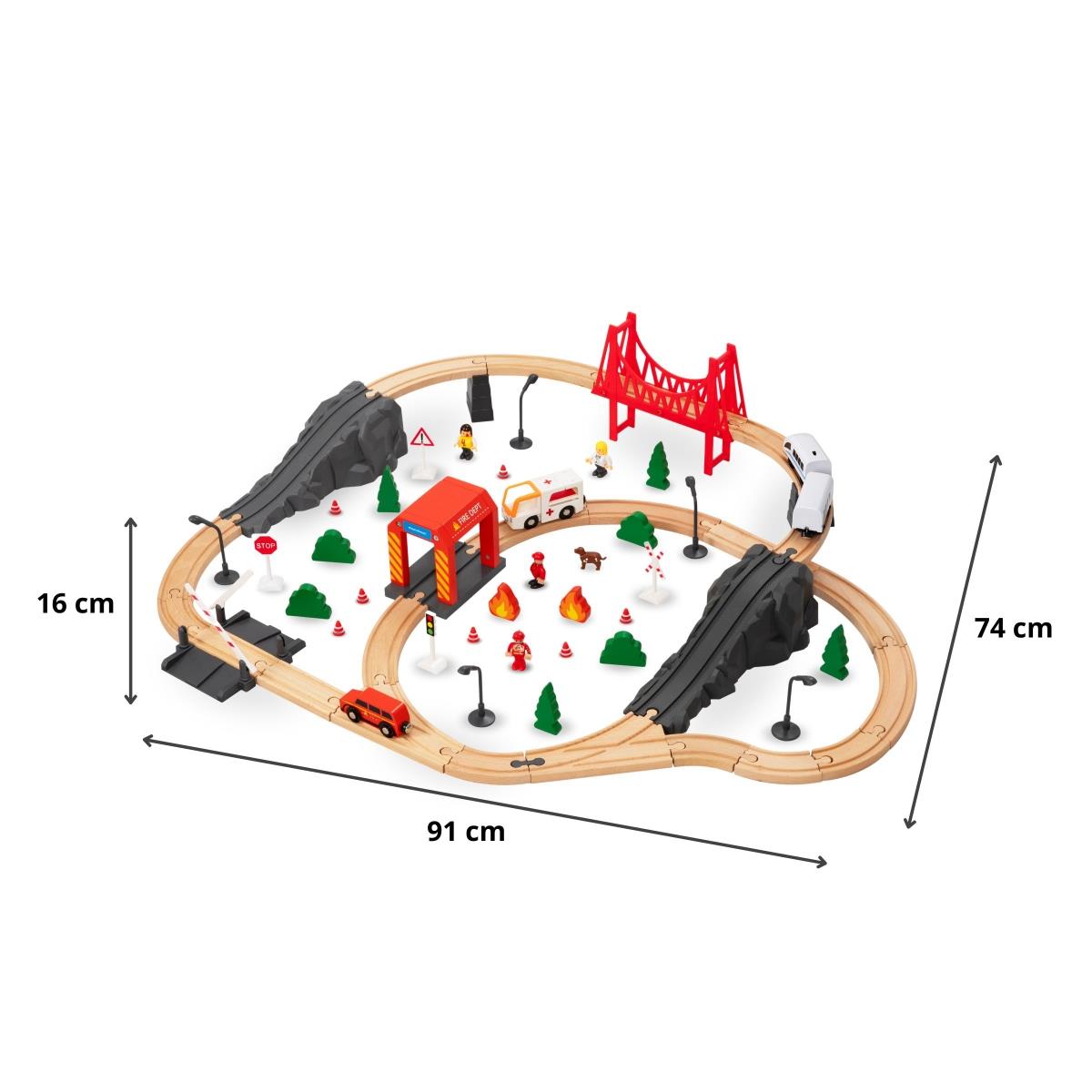 Treno in legno, treno a batteria - Vigili del fuoco, binari, automobili, ponti, barriera