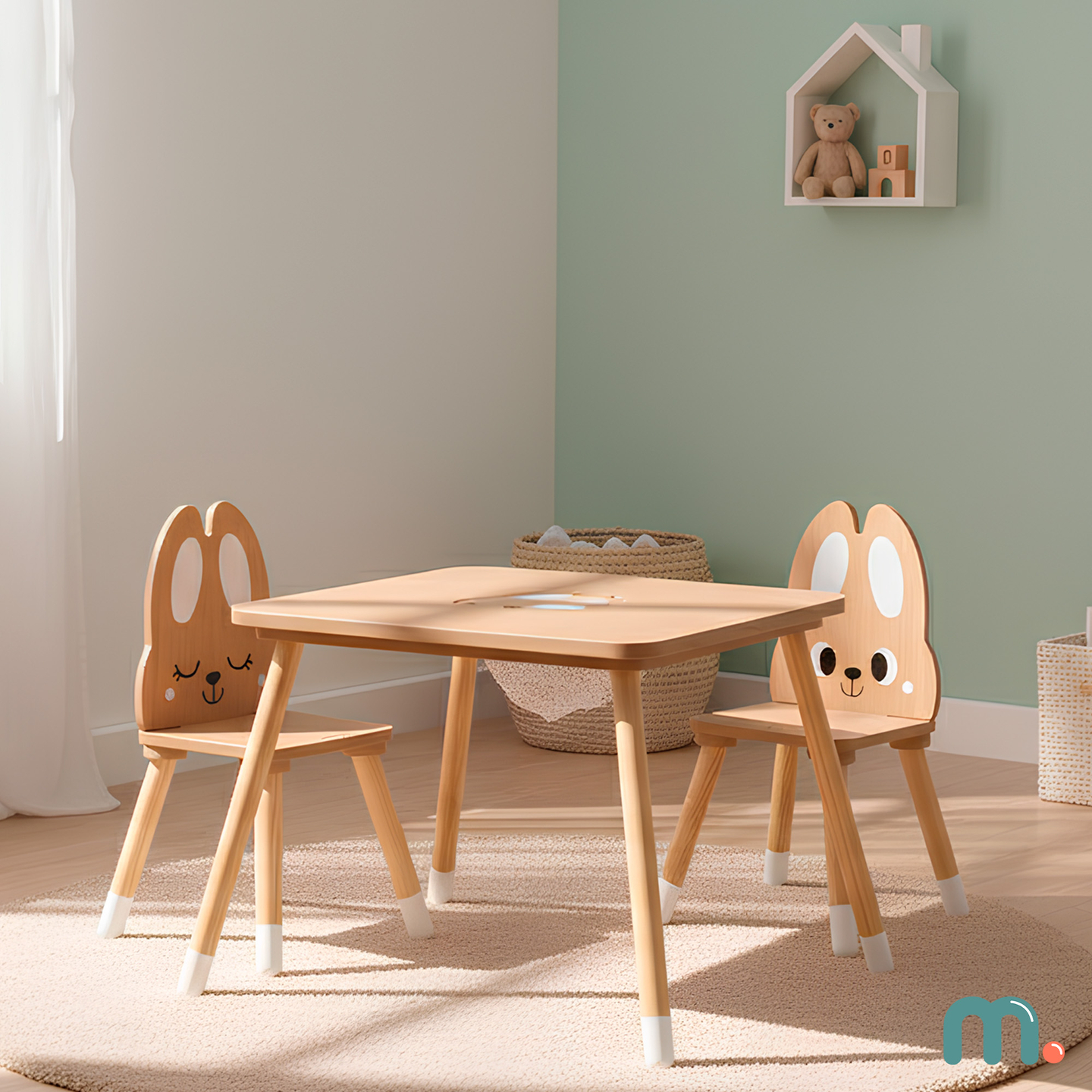 Tavolo in legno con contenitore e 2 sedie Set per bambini - Coniglio carino