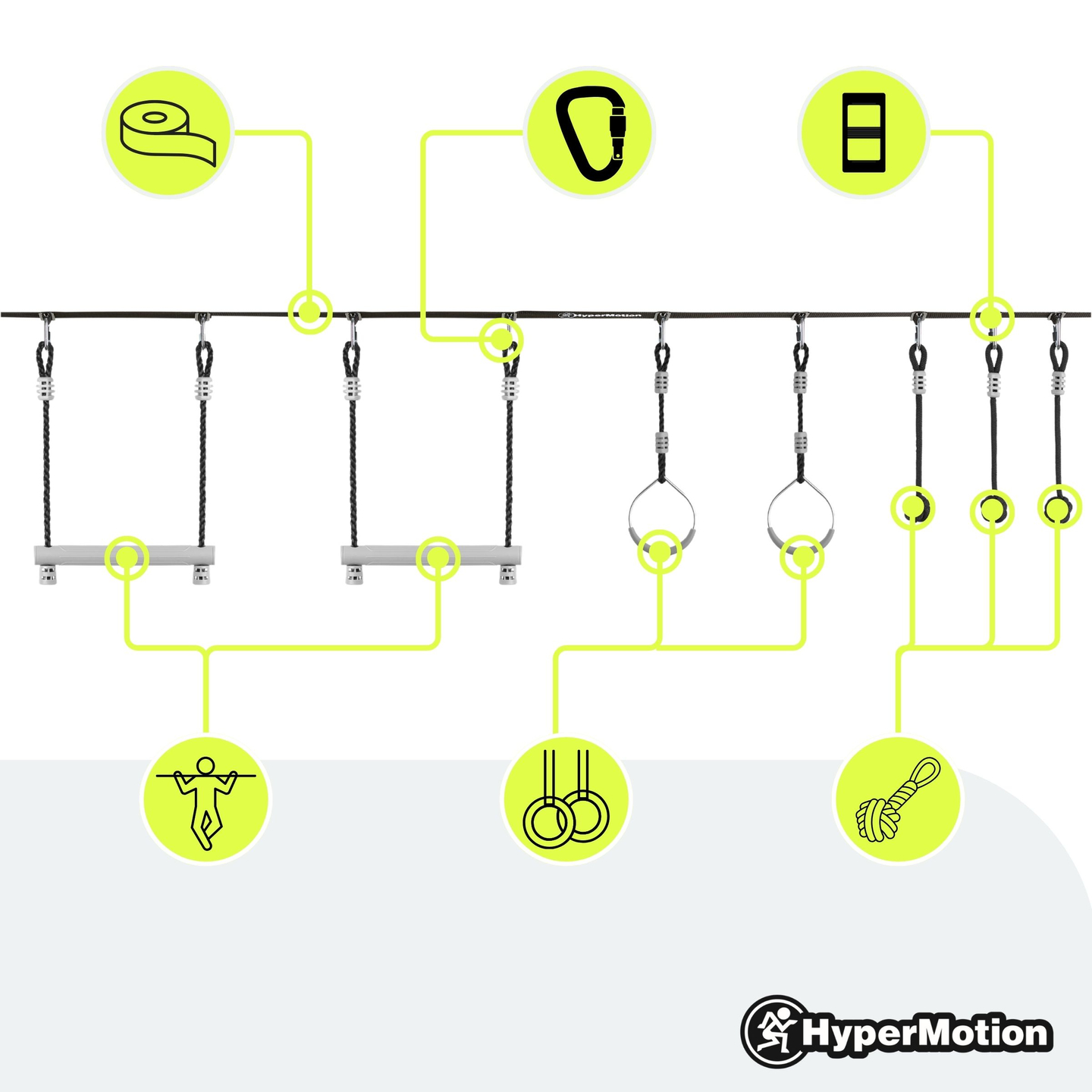 Percorso ad ostacoli Ninja per bambini - Set di slackline HyperMotion - 7 ostacoli