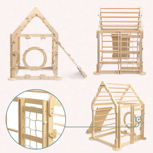 Parco giochi in legno al coperto per bambini: una casa con scale e uno scivolo