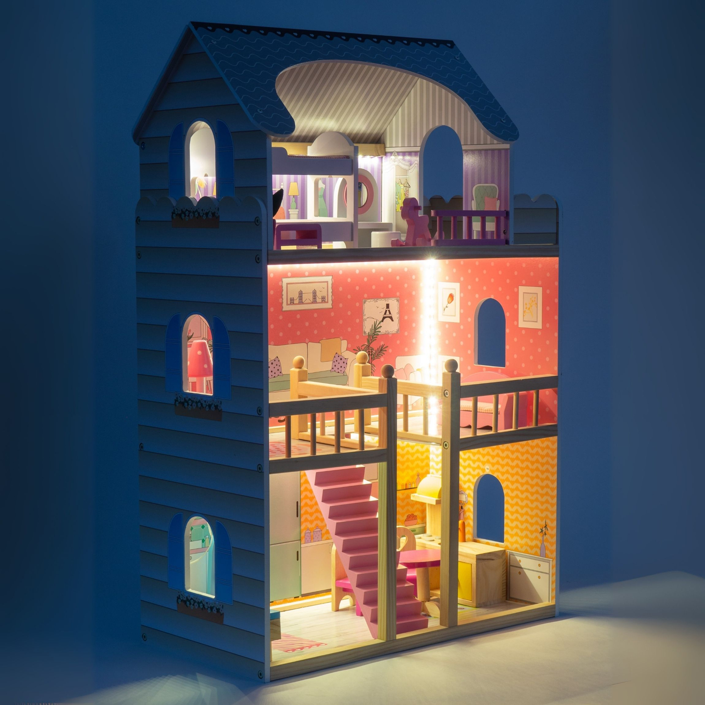 Grande casa delle bambole in legno a 3 piani con terrazza, set di mobili e illuminazione a LED!