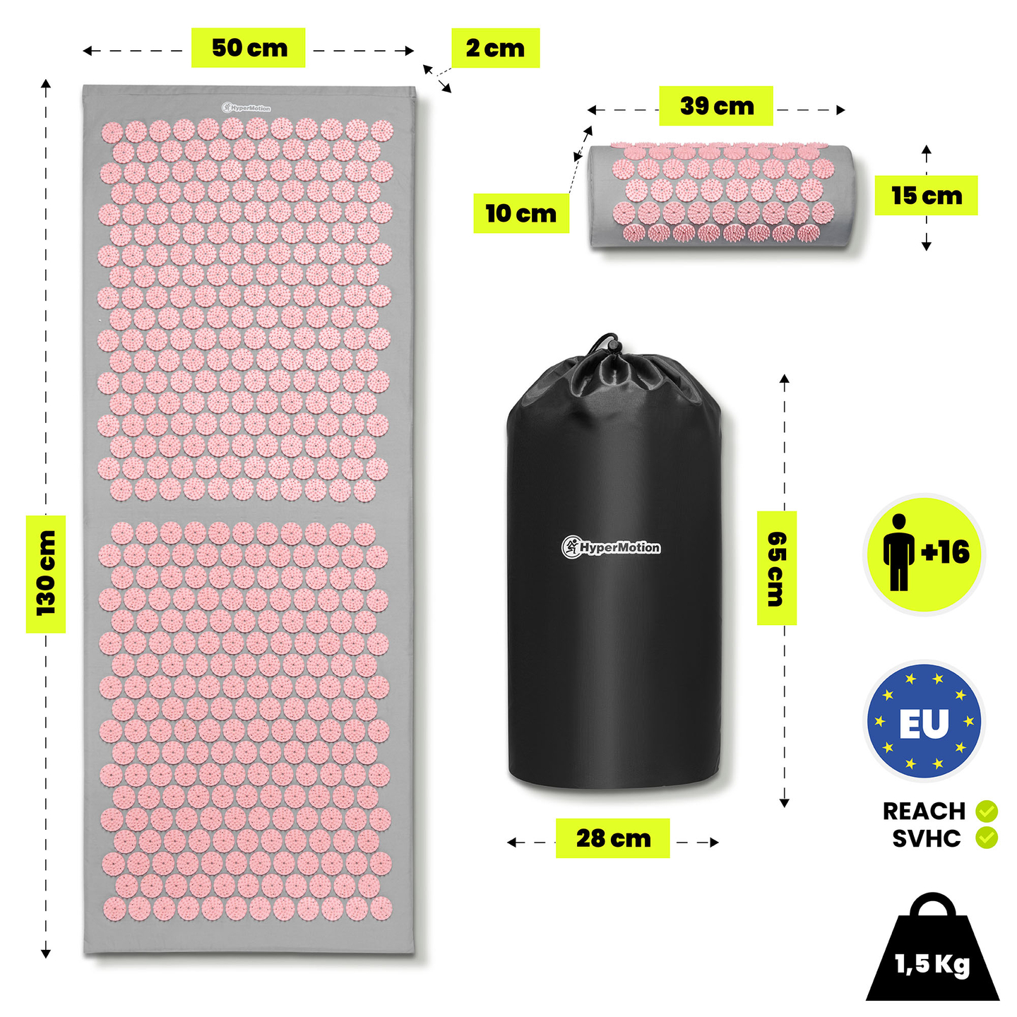 Tappetino per agopressione grande con cuscino e fodera - 130 cm HyperMotion grigio e rosa