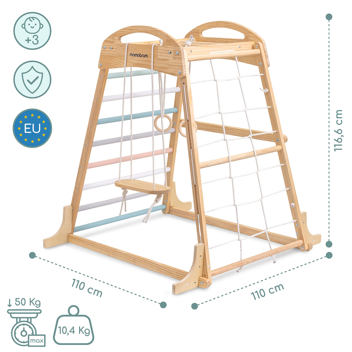 Parco giochi in legno al coperto con altalena, anelli da ginnastica e rete da arrampicata