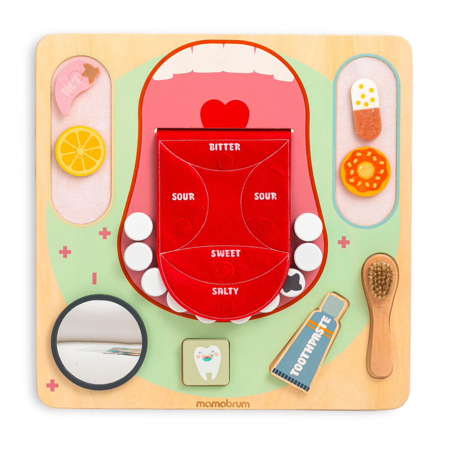 Tavola didattica Montessori in legno Piccolo Dentista - spazzolino da denti, dentifricio, denti rimovibili, specchio, cibo, apprendimento dei sapori