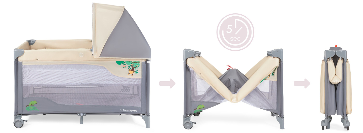 Lettino da viaggio 0 - 36 m con fasciatoio + box Moby-System HUXLEY