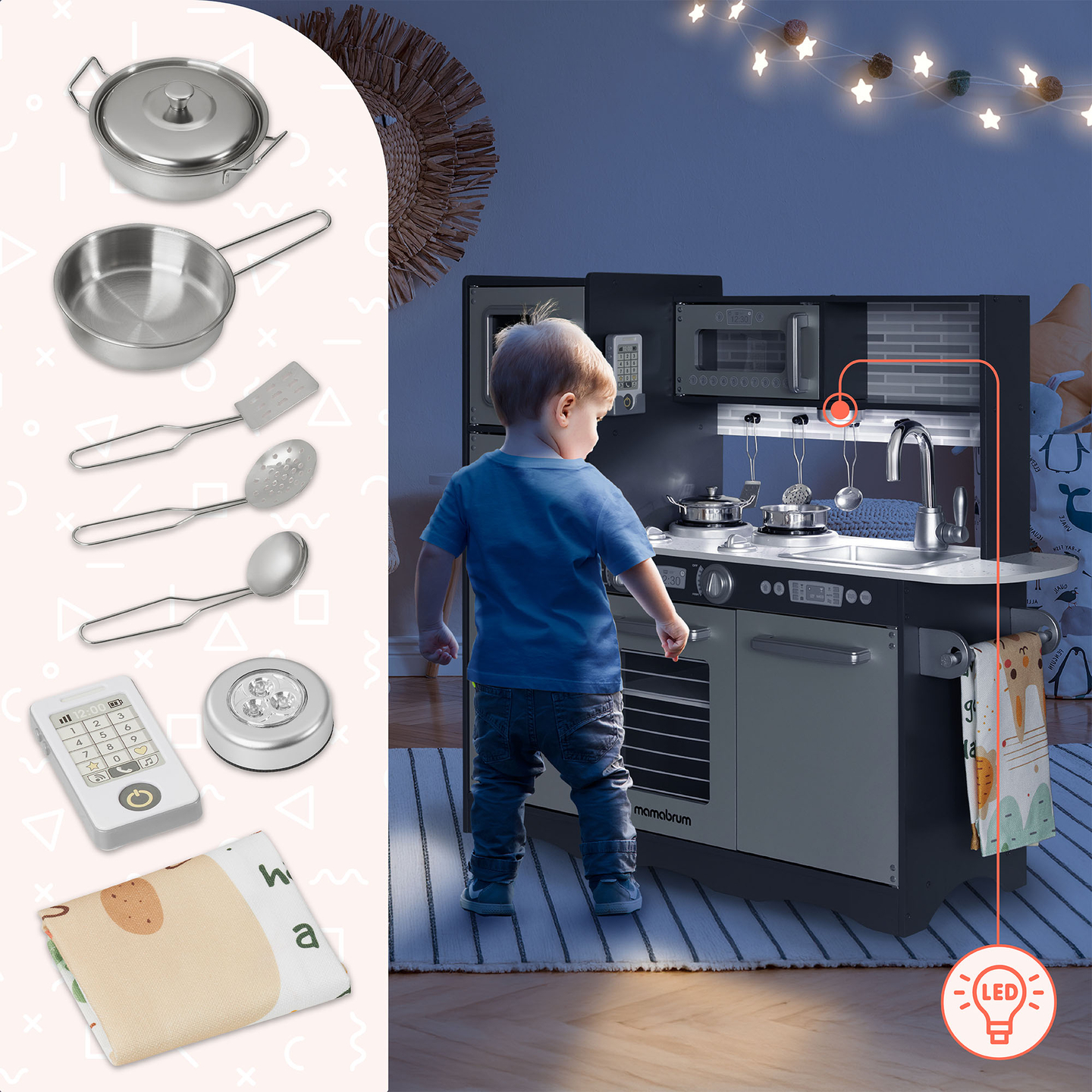 Cucina in legno XXL con illuminazione a LED, grembiule e accessori