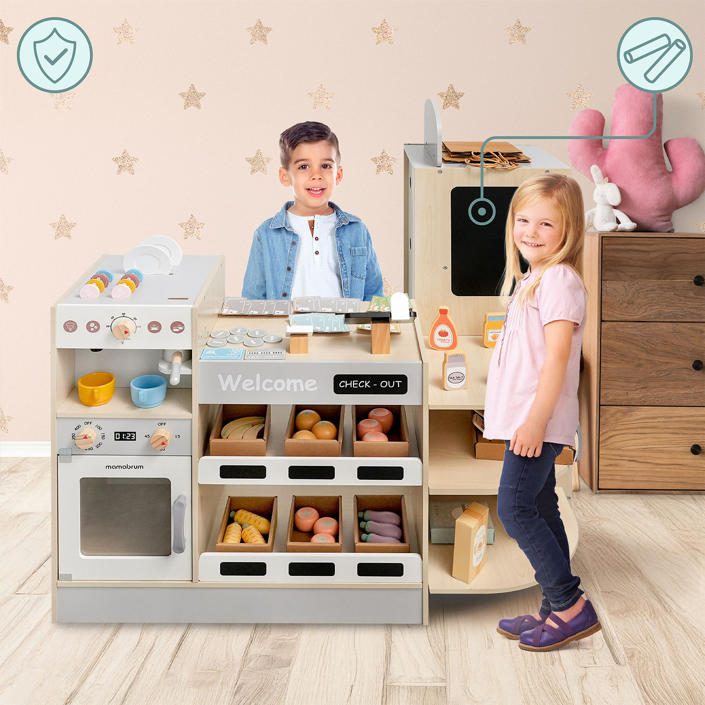 Grande negozio in legno XXXL per bambini con bar fast food - Corner shop + Macchina del caffè + Forno + Frigorifero - 106 ac.