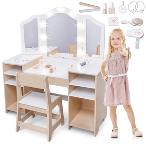 Tavolino da toeletta per bambini in legno con sedia, accessori e illuminazione a LED