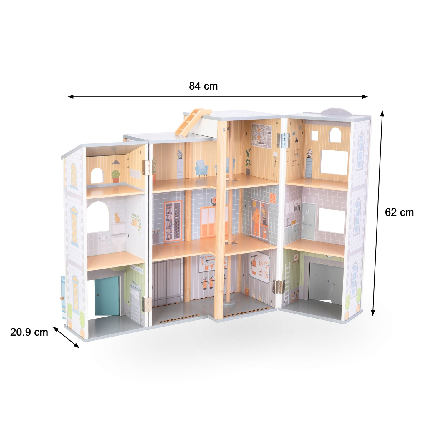 Grande stazione dei pompieri pieghevole con stazione di polizia - set in legno. Stazione dei pompieri e stazione di polizia con accessori.
