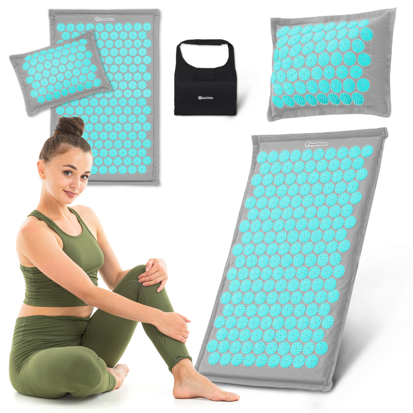 Tappetino per agopressione in lino ecologico con fibra di cocco e cuscino in grano saraceno – 68 cm HyperMotion grigio-menta