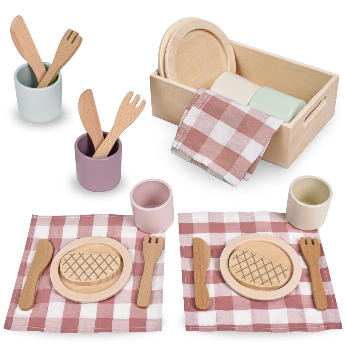 Set da pranzo in legno per bambini con tovagliette rosse