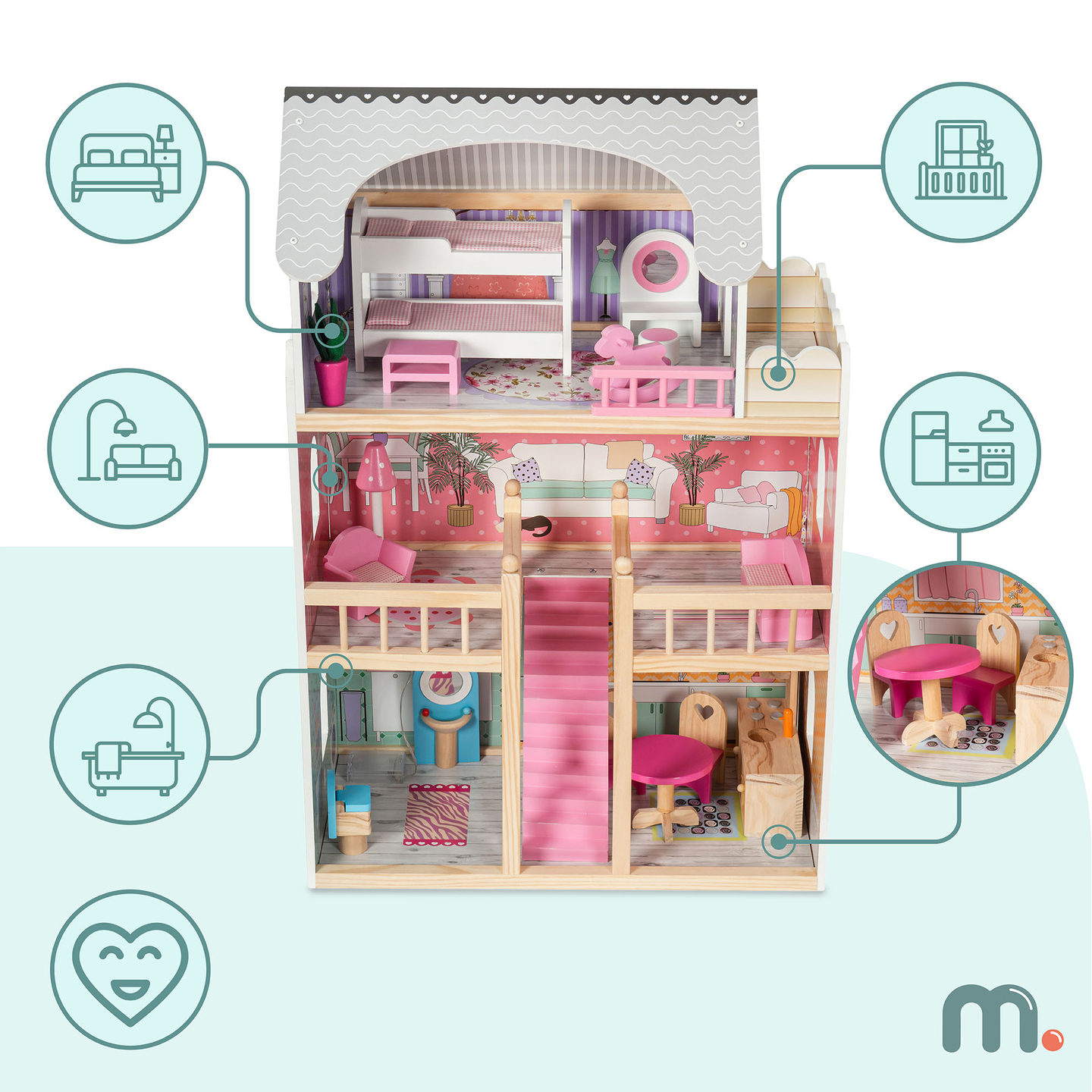 Grande casa delle bambole in legno a 3 piani con terrazza, set di mobili e illuminazione a LED!