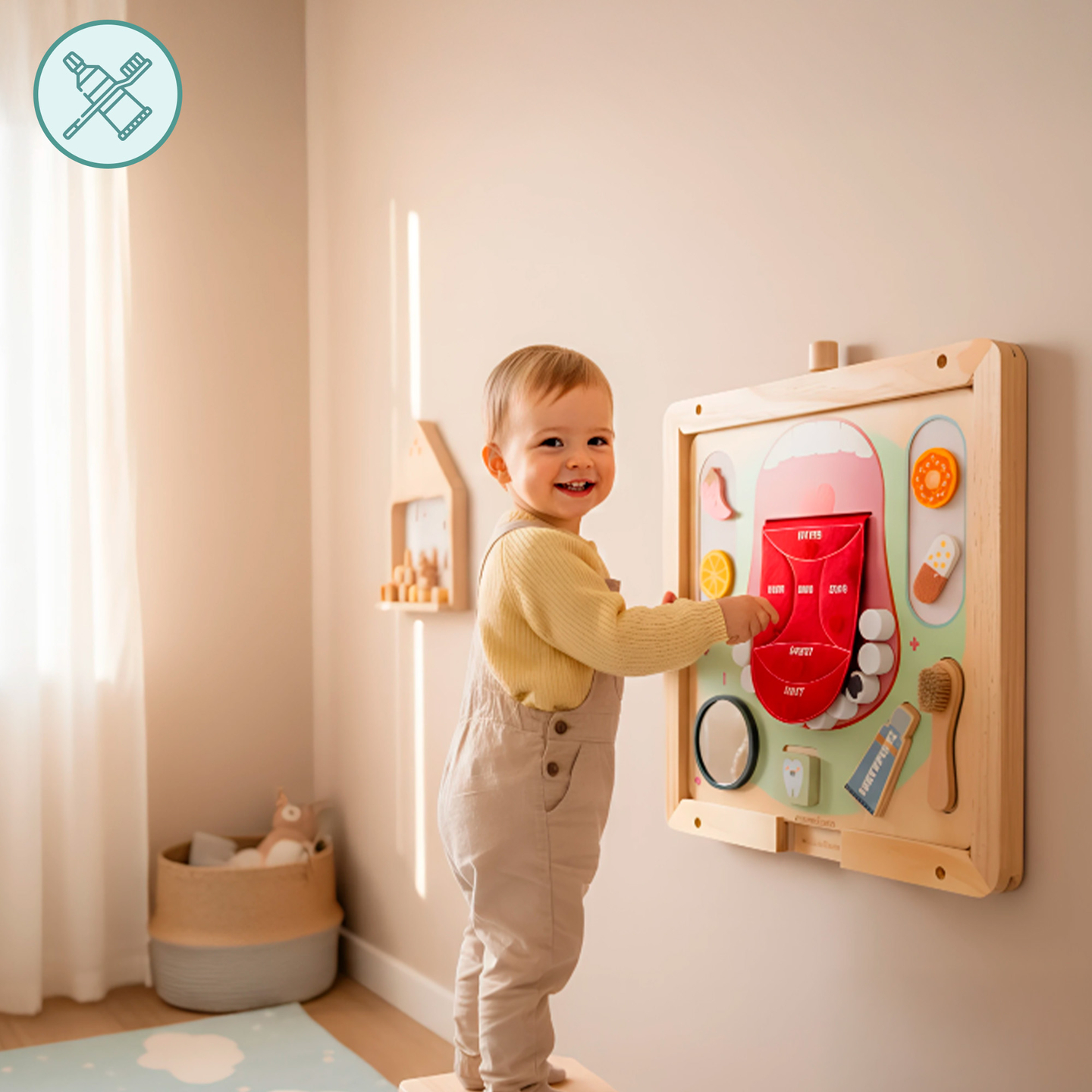 Tavola didattica Montessori in legno Piccolo Dentista - spazzolino da denti, dentifricio, denti rimovibili, specchio, cibo, apprendimento dei sapori