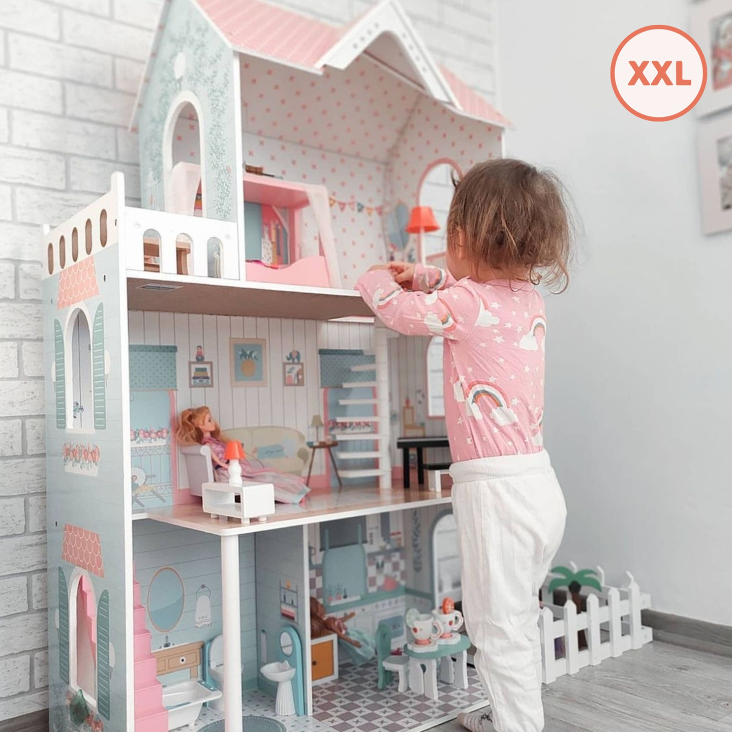 XXL La più grande casa delle bambole in legno - 123 cm - illuminata a LED - terrazza, accessori, giardino
