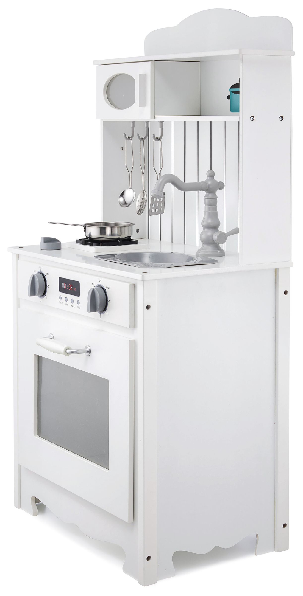 Cucina in legno bianco con grembiule, accessori e lampada LED