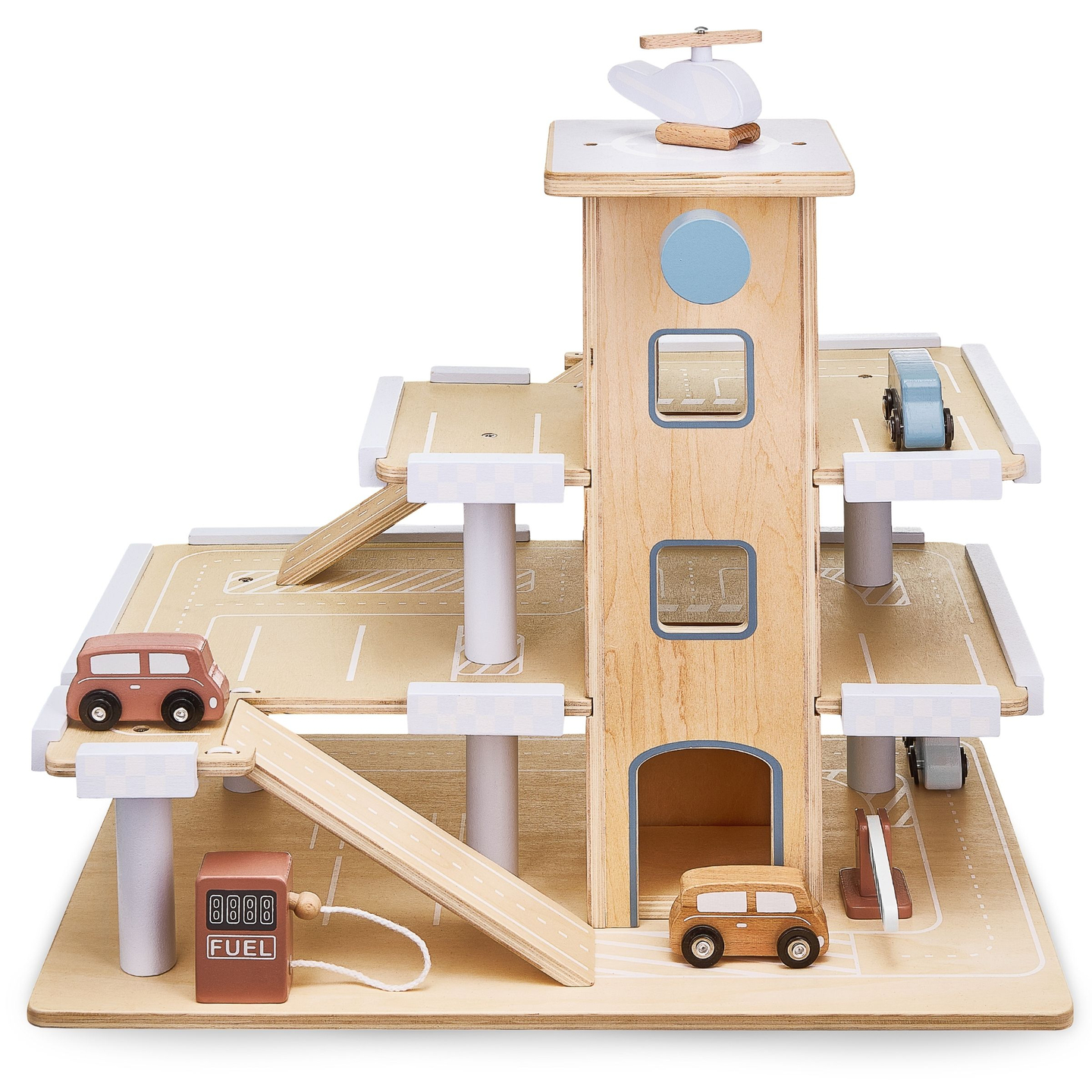 Parcheggio in legno a tre piani con ascensore - garage con auto ed elicottero