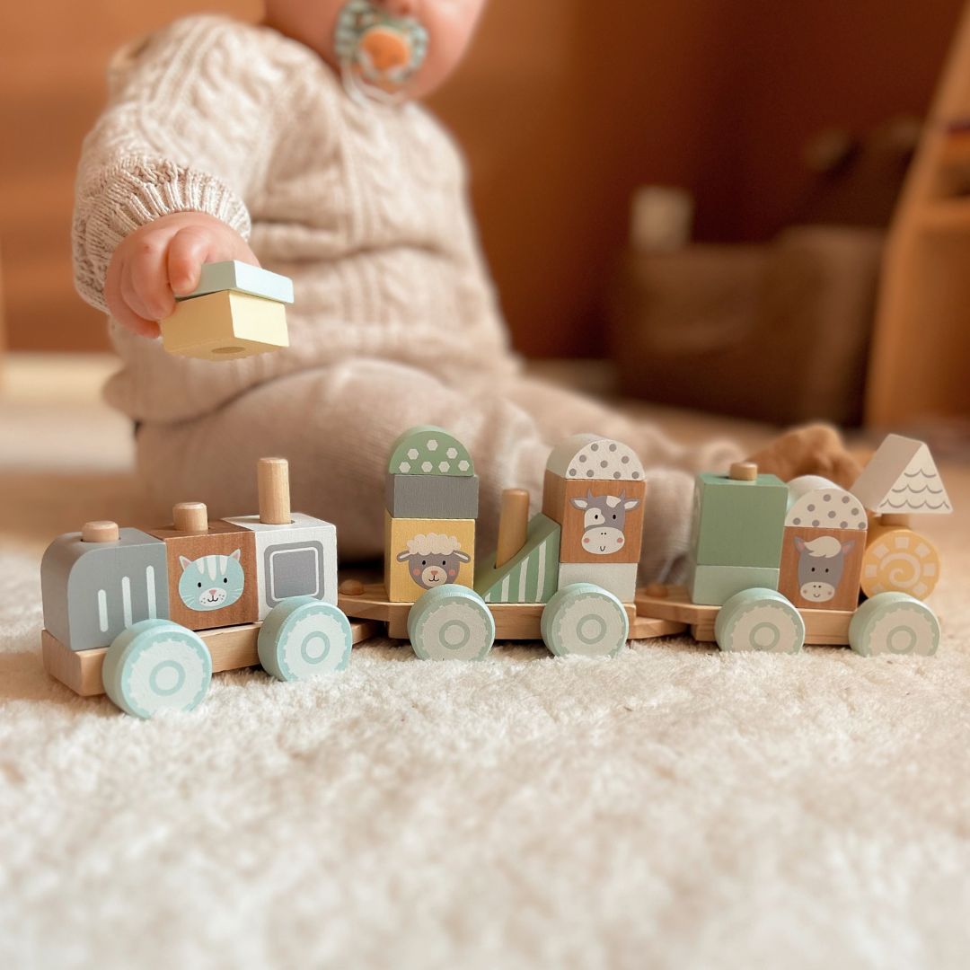 Treno di legno con blocchi per bambino - Fattoria