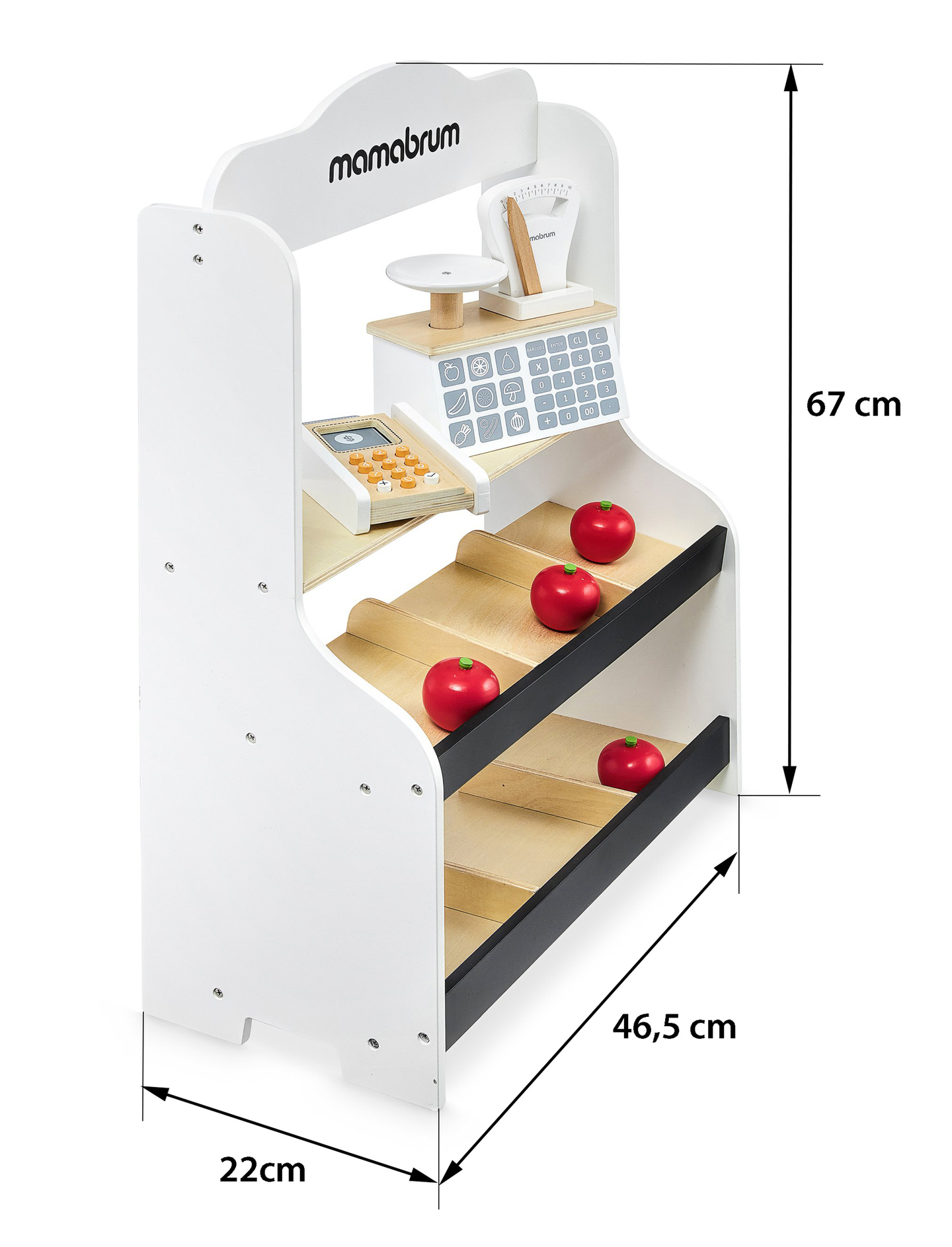 Mini market - negozio con bilancia, terminale, carta di pagamento e frutta