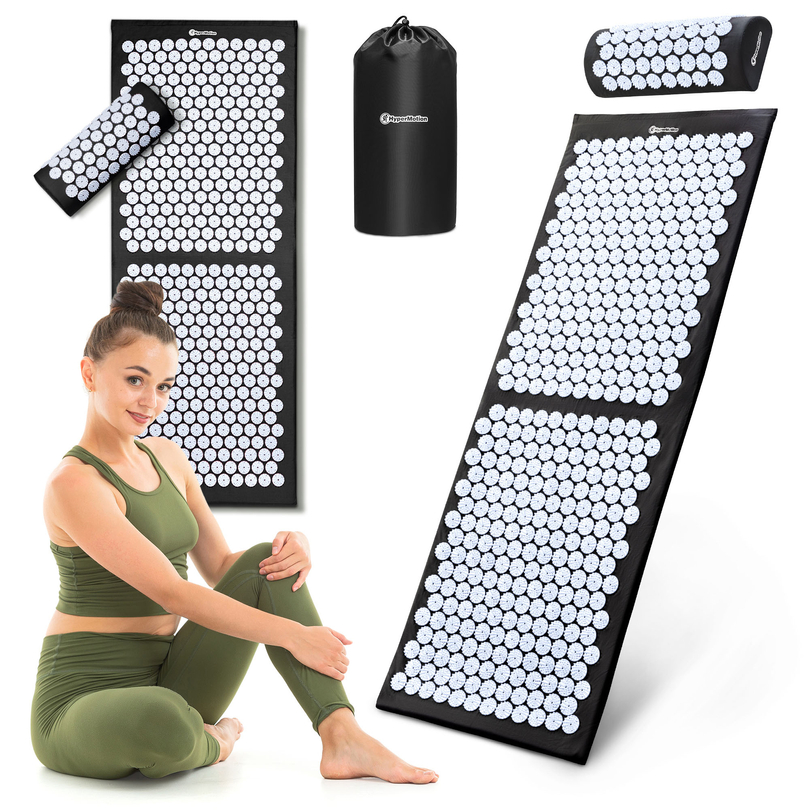 Tappetino per agopressione grande con cuscino e fodera - 130 cm HyperMotion nero e bianco