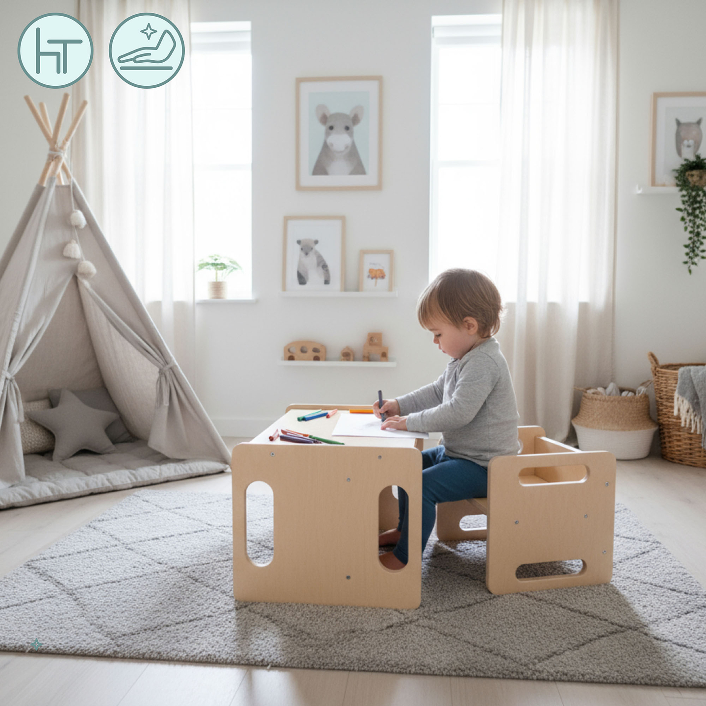 Tavolo e sedia in legno con funzione di gradino: un set Montessori multifunzionale per bambini