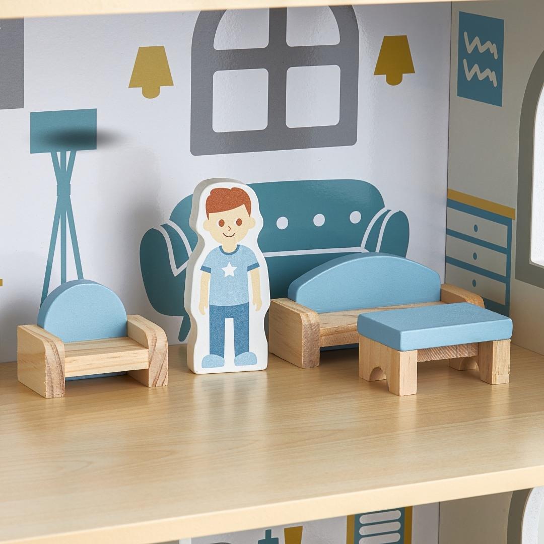 Casa delle bambole in legno bianco con terrazza e accessori