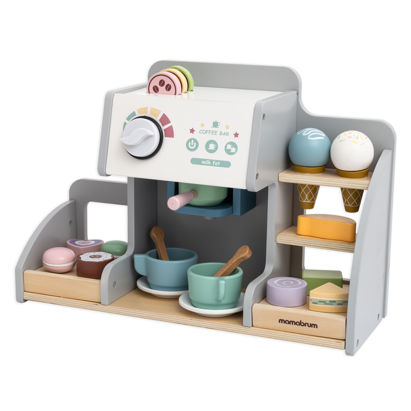 Una grande gelateria in legno con lavagna magnetica, macchina del caffè e set di gelati e dessert - oltre 70 pezzi!