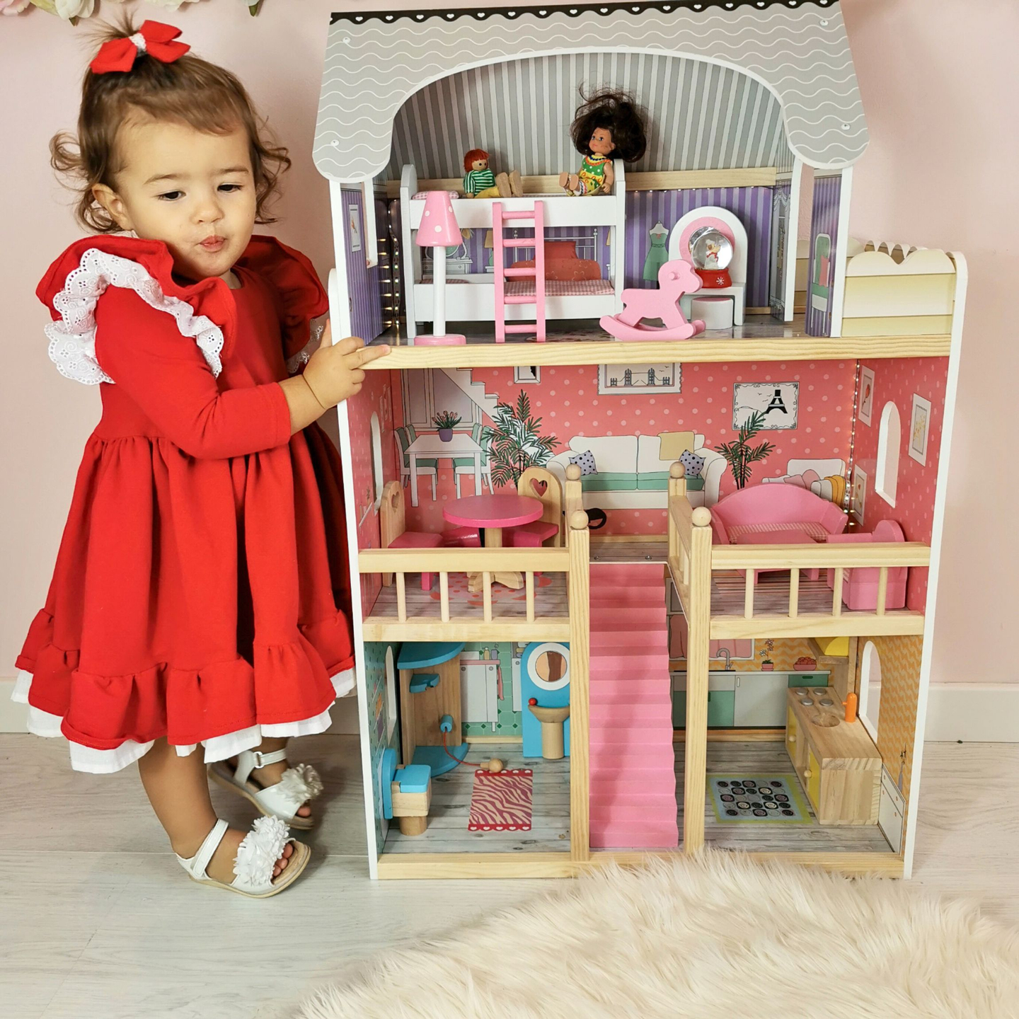 Grande casa delle bambole in legno a 3 piani con terrazza, set di mobili e illuminazione a LED!