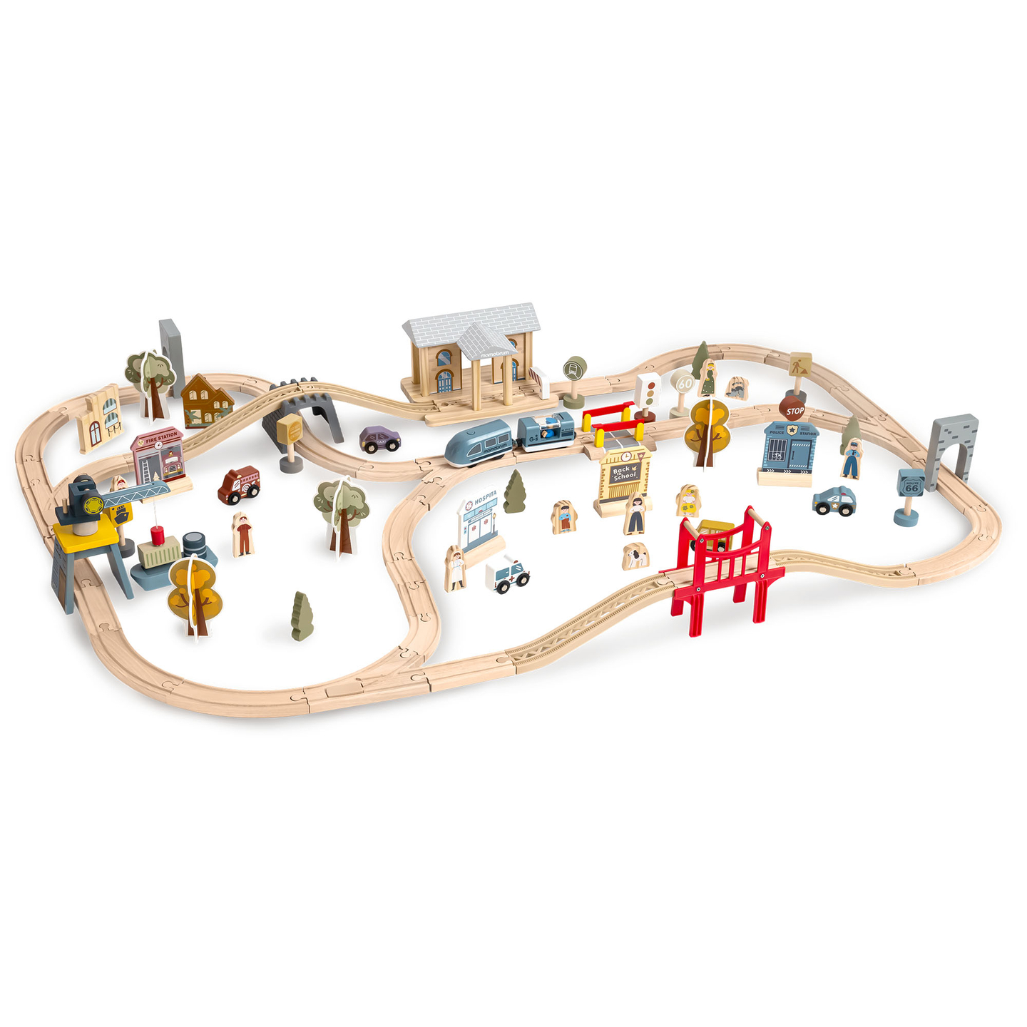 Ferrovia urbana in legno con treno elettrico - gru mobile, nave, ponti