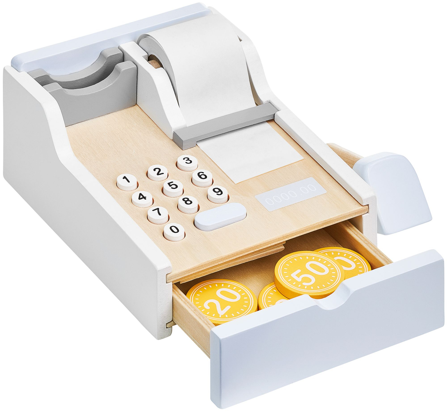 Negozio di verdure - bancarella in legno con casse, registratore di cassa e terminale