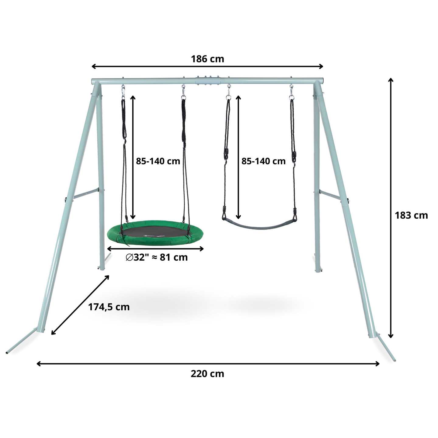 Altalena da giardino doppia con telaio e corde - seduta e nido di cicogna
