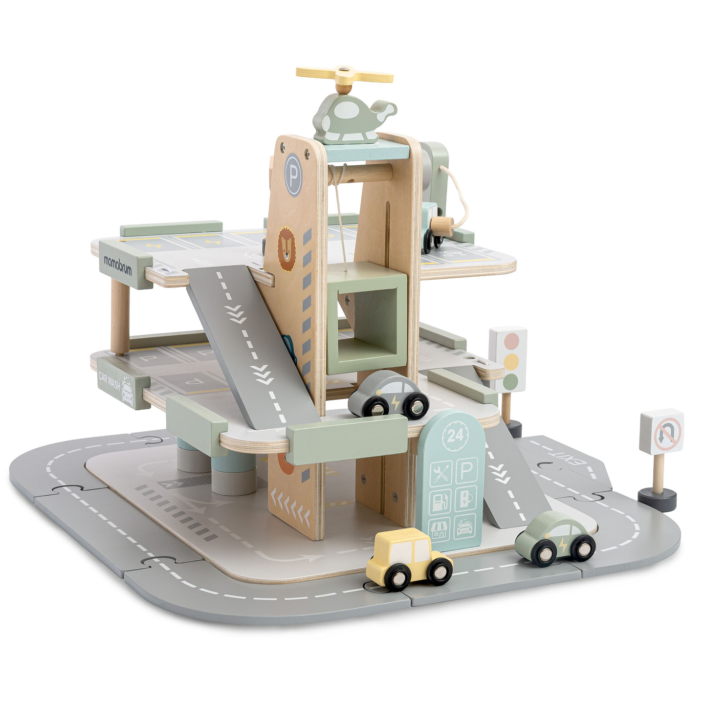 Garage in legno a tre piani per bambini con accessori: parcheggio, stazione di servizio, autolavaggio, elicottero