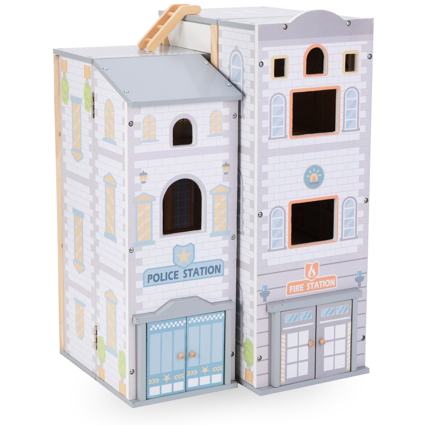 Grande stazione dei pompieri pieghevole con stazione di polizia - set in legno. Stazione dei pompieri e stazione di polizia con accessori.