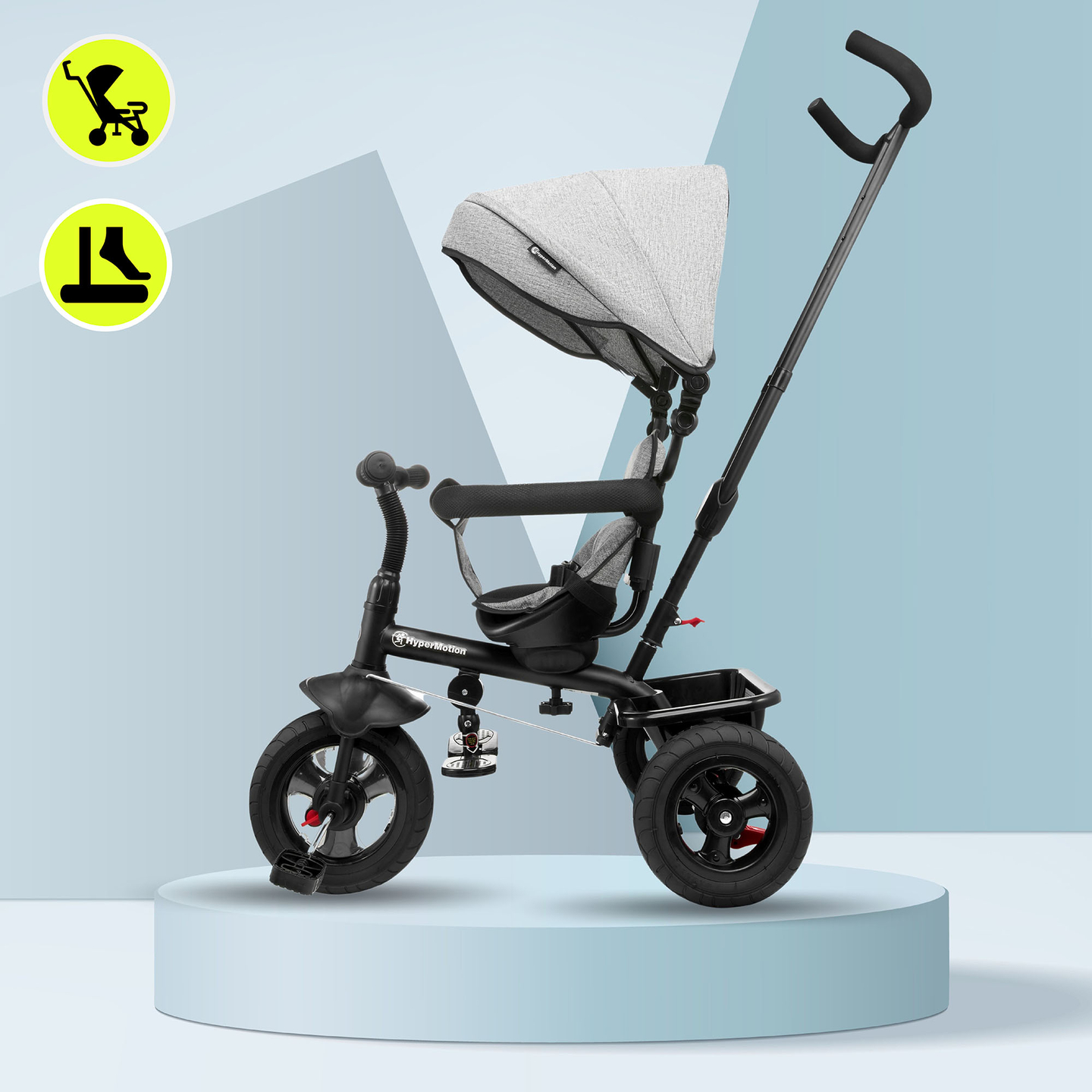 Triciclo per bambini 1-4 anni - TOBI FREY - colore grigio - girevole - ruote pompate + spingitore