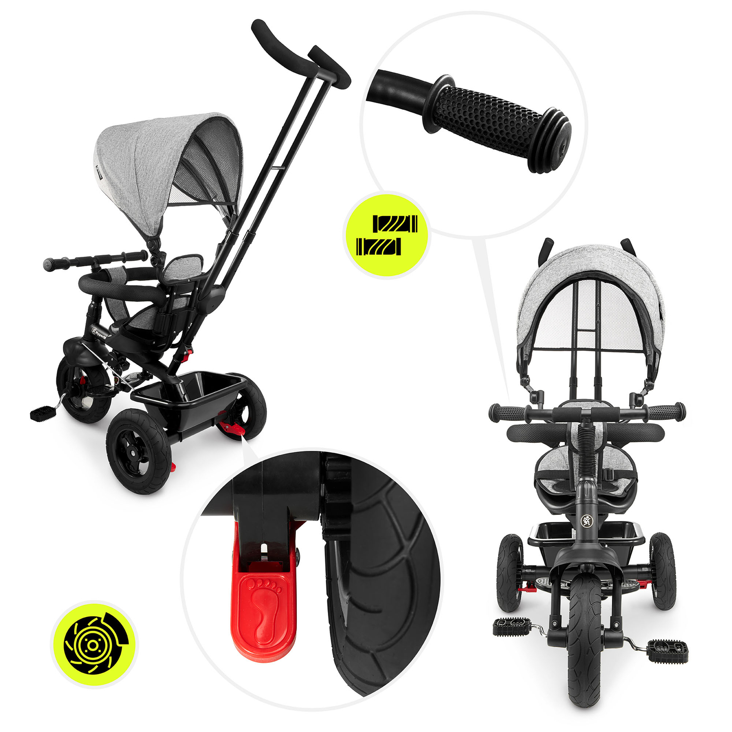 Triciclo per bambini 1-4 anni - TOBI FREY - colore grigio - girevole - ruote pompate + spingitore