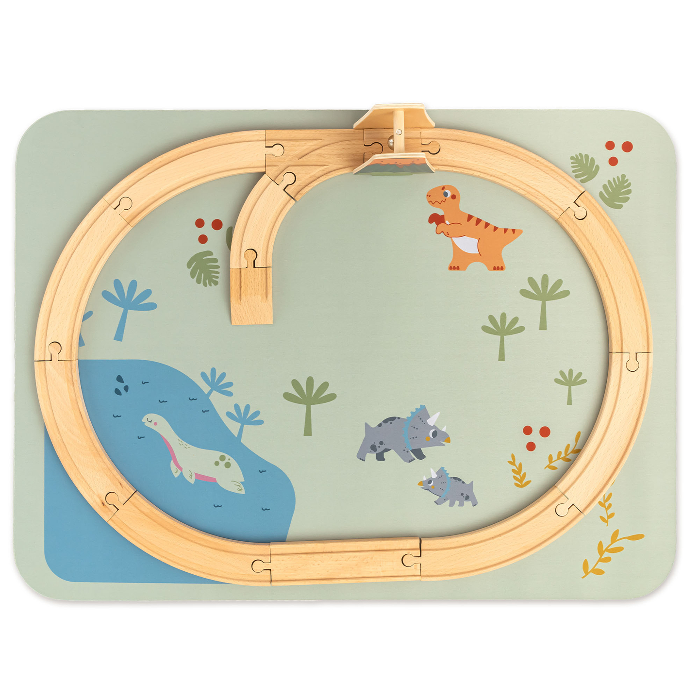 Trenino in legno Dino Park con tappetino antiscivolo - dinosauri, treno, binari, vulcano, campana