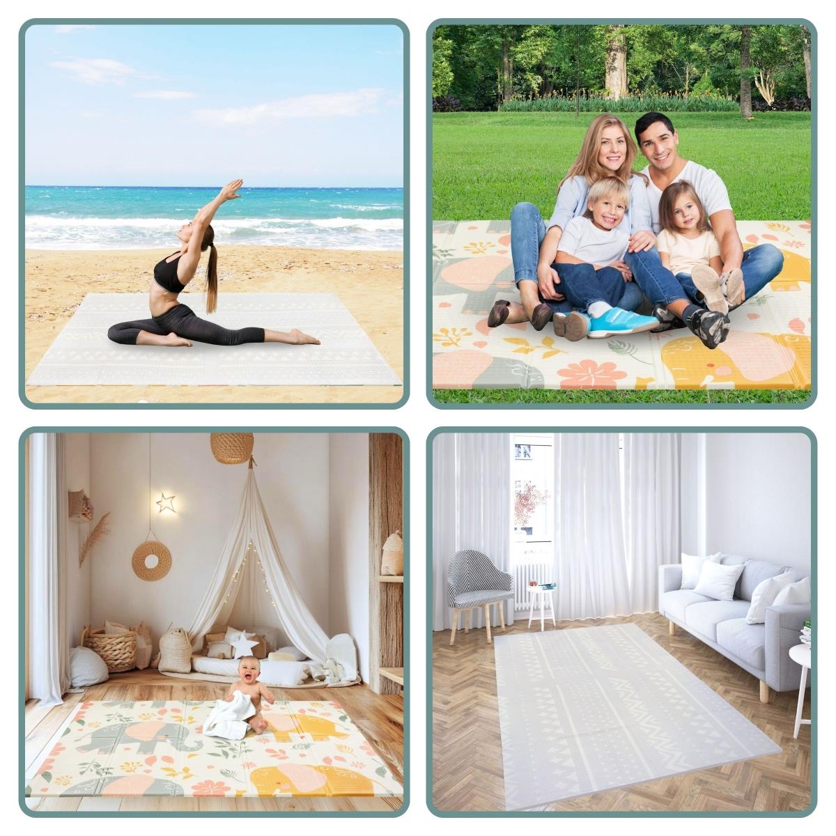 Tappetino pieghevole bifacciale in schiuma 180 x 120 x 1 cm - Elefanti esotici/Grigio delicato