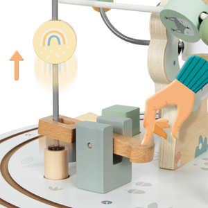 Tavolo didattico rotondo in legno con trenino magnetico e lanciaperline